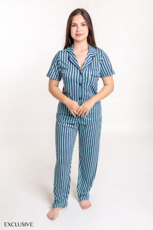 Pyjama Elisa en Coton Vert Pastel et Bleu: Chemise et Pantalon Été