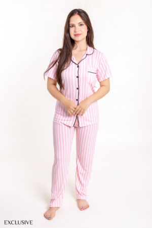 Pyjama Été Elisa Rose: Ensemble Chemise et Pantalon Coton Rayé