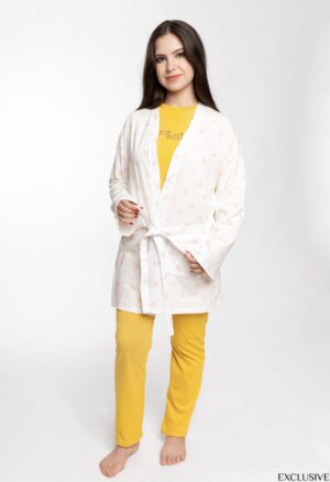 Ensemble Pyjama 3 Pièces : Déshabillé & Pyjama Jasmine Jaune Moutarde avec Pull et Pantalon Confortable