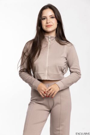 Ensemble Alma Grège : Veste et Pantalon Élastique Chic pour l'Automne