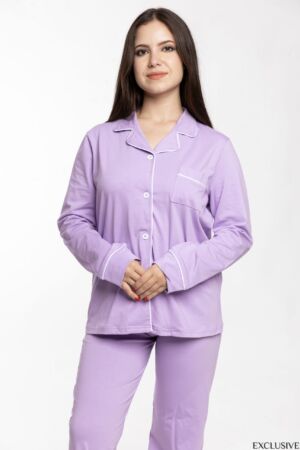 Ensemble Pyjama Colette Mauve Lilas : Chemise & Pantalon Élégants en Coton