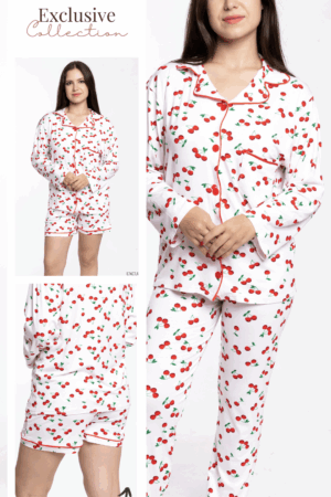 Ensemble Pyjama Lisa Cerise 3 Pièces Femme : Chemise, Pantalon & Short