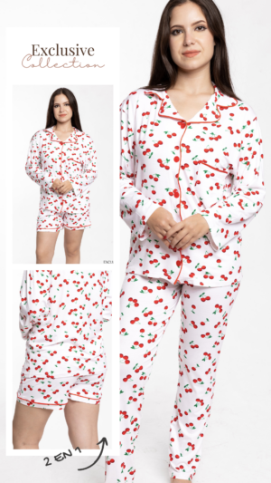 Ensemble Pyjama Lisa Cerise 3 Pièces Femme : Chemise, Pantalon & Short