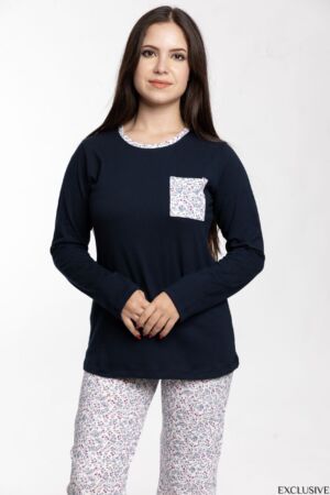 Pyjama Nirvana Bleu Marine Fleuri - Confort Élégant Pull & Pantalon