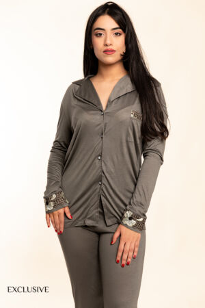 Ensemble Pyjama Colette Gris Coton avec Dentelle