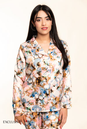 Ensemble 2 Pièces de Pyjama Colette en Satin Floral Rose et Bleu