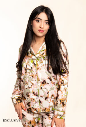 Ensemble 2 Pièces de Pyjama Colette en Satin Floral Rose et Vert