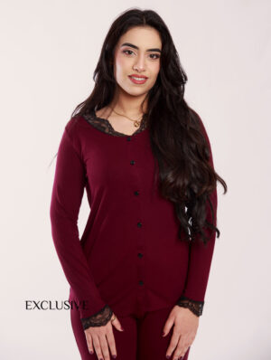 Ensemble Pyjama Nirvana Rouge Aubergine Coton avec Dentelle Noir