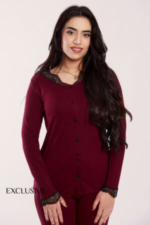 Ensemble Pyjama Nirvana Rouge Aubergine Coton avec Dentelle Noir