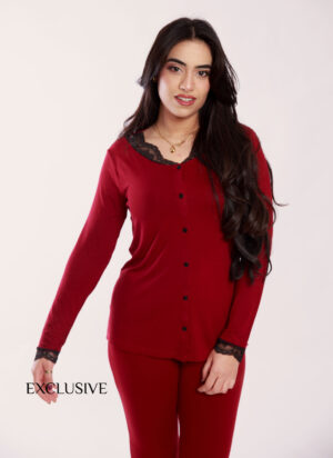 Ensemble Pyjama Nirvana Rouge Burgandy Coton avec Dentelle Noir