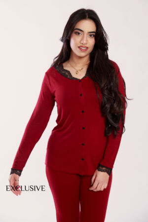Ensemble Pyjama Nirvana Rouge Burgandy Coton avec Dentelle Noir