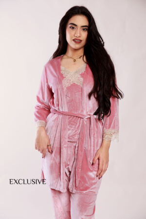 Set Pyjama Velour Olivia : Trois pièces en velours Rose - Noir - Mauve Lilas