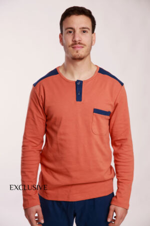 Pyjama Homme Cédric Confort: Pull Boutonné & Pantalon - Bleu/Orangé