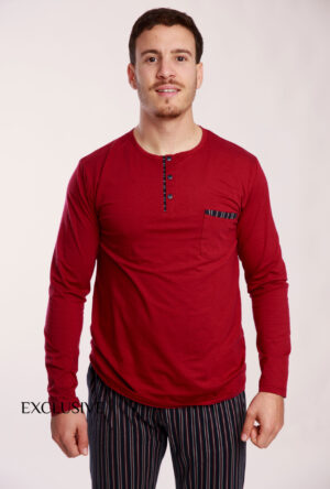 Pyjama Simon II Homme Bordeaux en Coton : Pull Col Rond et Pantalon Élastique