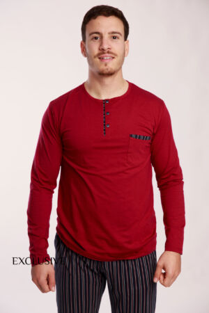 Pyjama Simon II Homme Bordeaux en Coton : Pull Col Rond et Pantalon Élastique