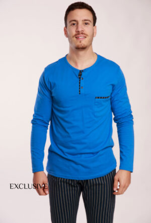 Pyjama Simon II Homme Bleu en Coton : Pull Col Rond et Pantalon Élastique