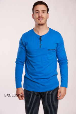 Pyjama Simon II Homme Bleu en Coton : Pull Col Rond et Pantalon Élastique