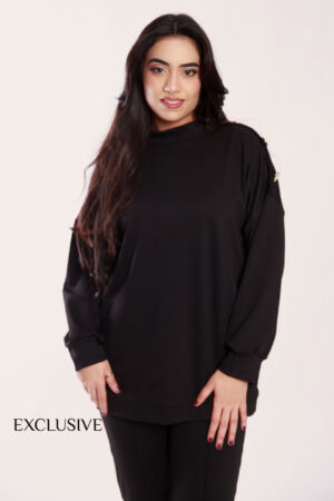 Set Comfy Femme Coton Noir Avec Boutons Dorés
