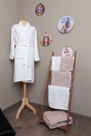Coffret Cap de Bain Elle et Lui Blanc et Beige : Ensemble de 6 Pièces 2 Peignoirs + 2 Draps + 2 Serviettes