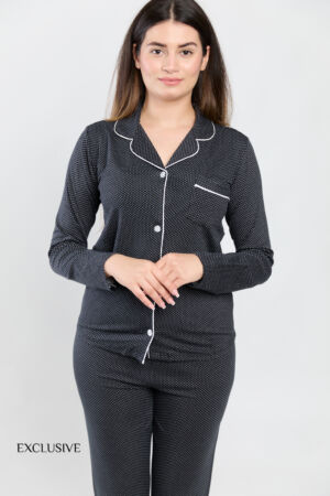 Pyjama Femme Colette Noir Pointillé Blanc : Chemise et Pantalon Coton & Confort
