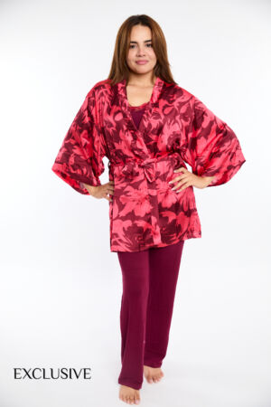Ensemble Jasmine Rouge : Pyjama 3 Pièces avec Kimono en Satin Imprimé Floral pour femmes