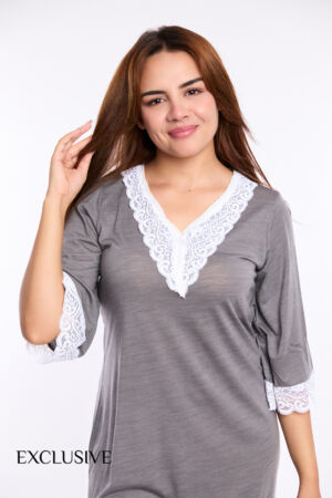 Robe de Pyjama Femme Sérénité Gris en Dentelle Blanc et Coton