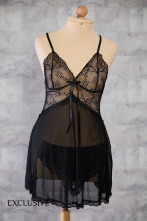 Nuisette Marjolaine en Dentelle Avec Slip - Noir / Gris