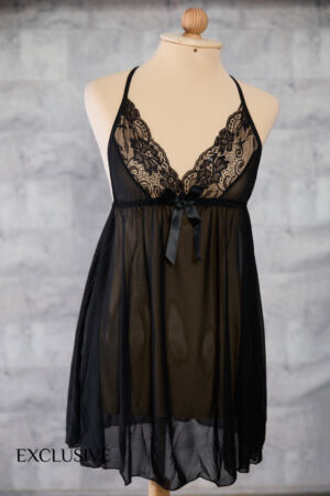 Nuisette Mia en Dentelle Avec String - Noir / Rose