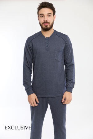 Pyjama Homme en Coton Bleu : Pull Col Rond et Pantalon