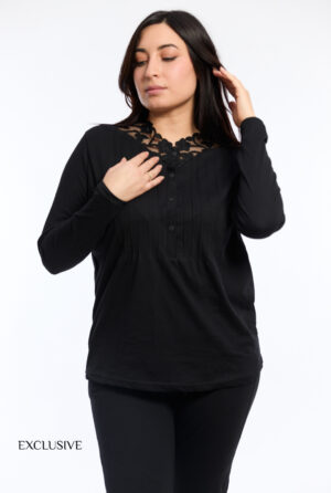 Pyjama Chemise Femme Colette Coton Noir Avec Dentelle