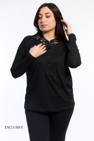 Pyjama Chemise Femme Colette Coton Noir Avec Dentelle