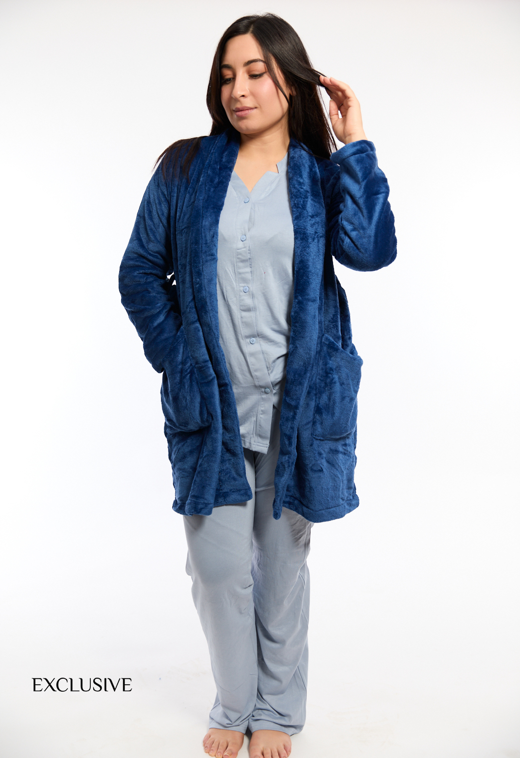 Robe de Chambre Femme En Polaire Bleu43