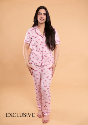 Pyjama Chemise Femme en coton imprimé fleurs roses