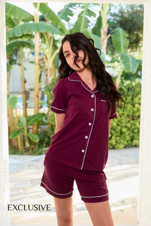 Pyjama Colette Été Short Coton Rouge Bordeaux